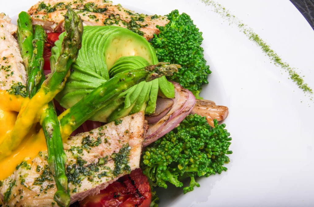 organic chicken breast, dark green leafy vegetables, avocado slices