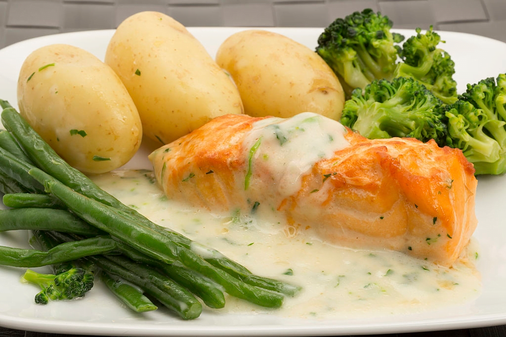 salmon, potatoes and broccoli